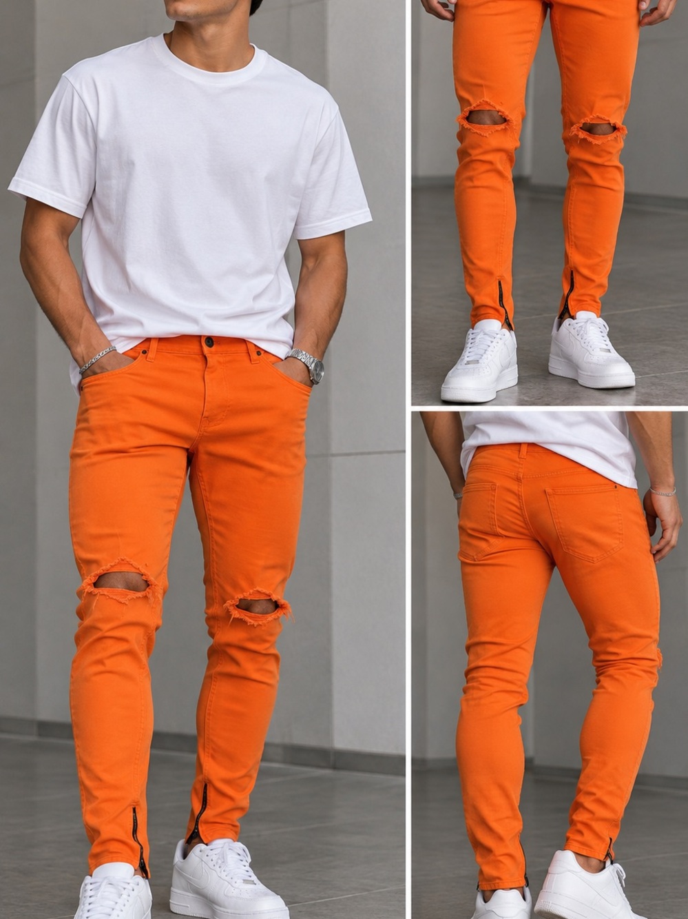 KDNK Men’s Orange Tapered Skinny Distressed Ripped Jeans Size 38 Ankle Zip NWT